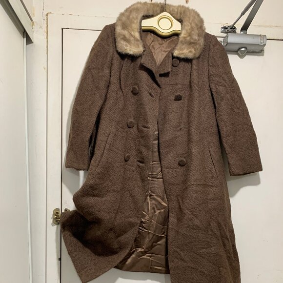 VINTAGE UNION LABEL REAL FUR COLLAR WOOL TRENCH COATS SIZE S - Picture 5 of 13